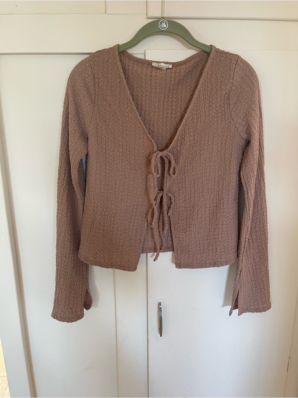 See You Monday Taupe Tie-Front Textured Top